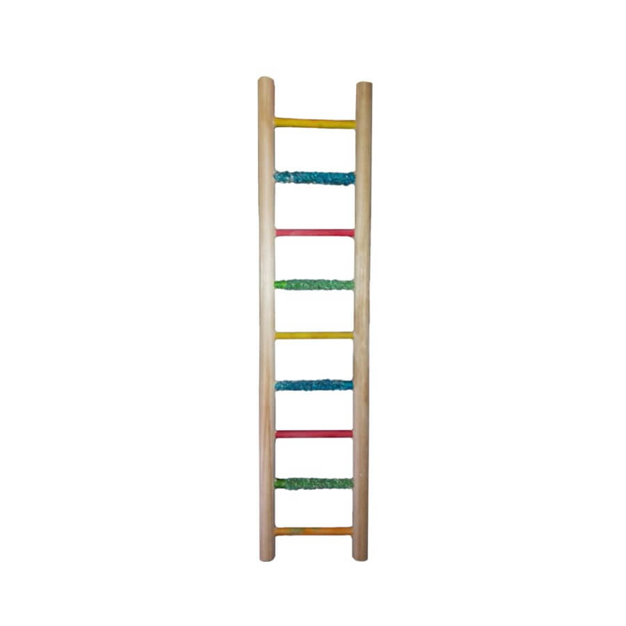 Colorful wooden ladder for budgies with sand perch steps for playtime and nail maintenance.