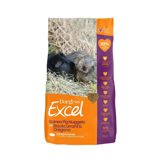 Burgess Excel Guinea Pig Nuggets with Blackcurrant and Oregano 1.5kg package featuring guinea pigs on hay.