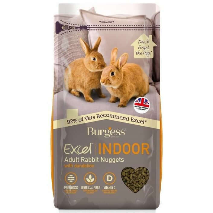 Burgess Excel Indoor Rabbit Nuggets with Dandelion packaging featuring two rabbits, rich in vitamins and fiber for indoor bunnies.