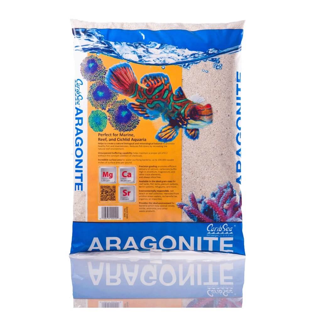 Caribsea Special Grade Seaflor aragonite reef sand packaging, ideal for marine and reef aquariums, showcasing vibrant sea life.