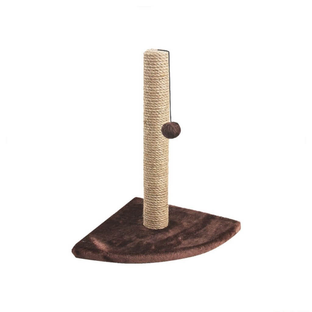 Cat corner scratching post with sisal rope and plush base for nail care and furniture protection. Perfect for playful cats.