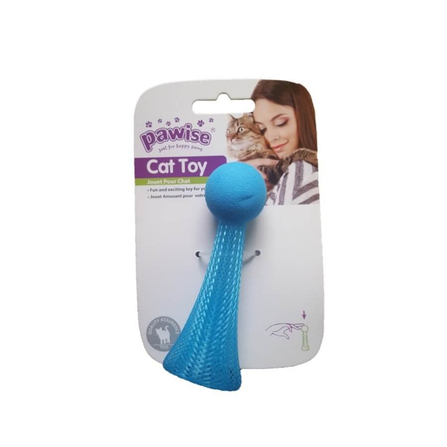 Cat toy in blue packaging featuring a smiling woman and a cat, designed for fun and interactive play.
