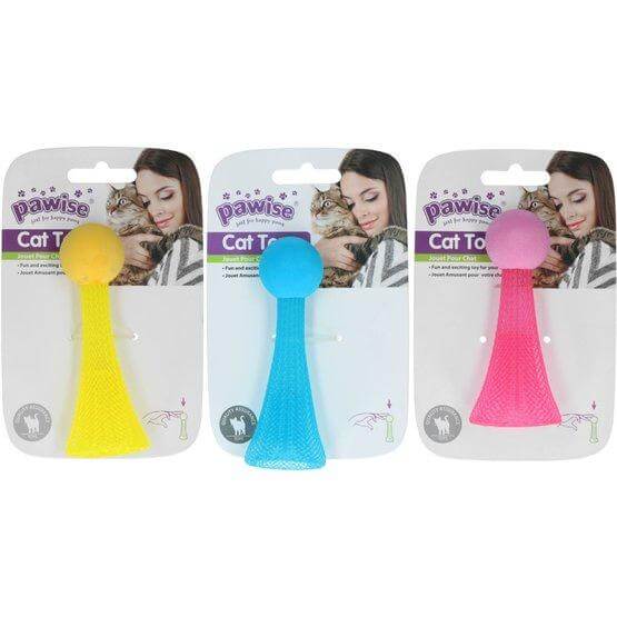 Cat toy with light in assorted colors: yellow, blue, and pink, packaged for fun entertainment.