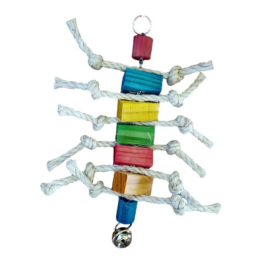 Colorful wooden caterpillar bird toy with rope, designed for fun and stimulation for pet birds.