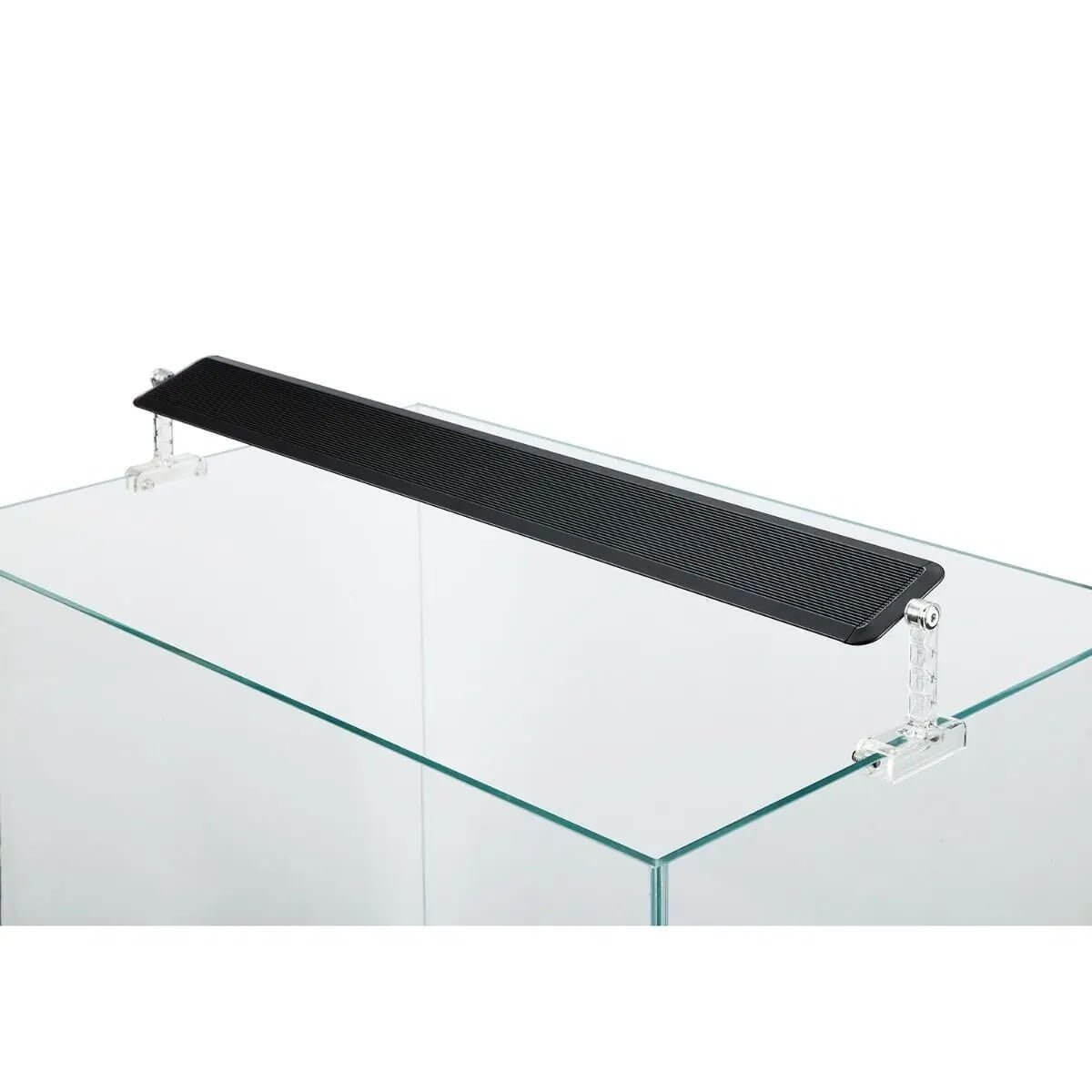 Black aquarium lid support with clear brackets on a glass tank, designed for optimal light performance and plant health.