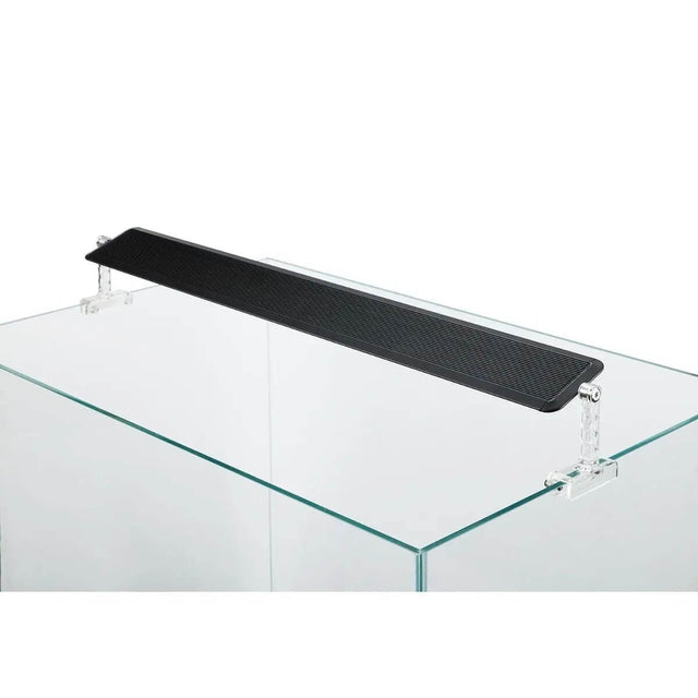 Black aquarium lid support with clear brackets on a glass tank, designed for optimal light performance and plant health.