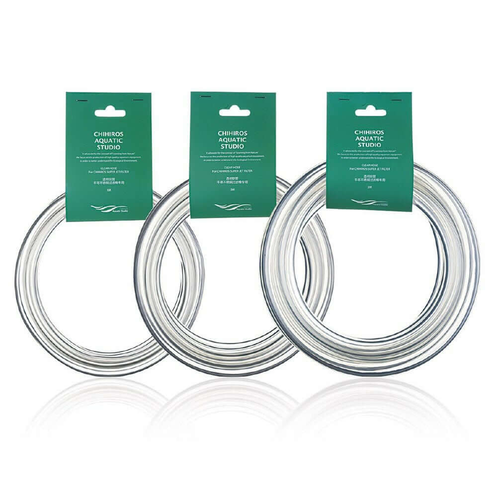 Three Chihiros Clear Hose Pipes displayed with packaging, designed for aquariums and filtering systems, each 3 meters long.