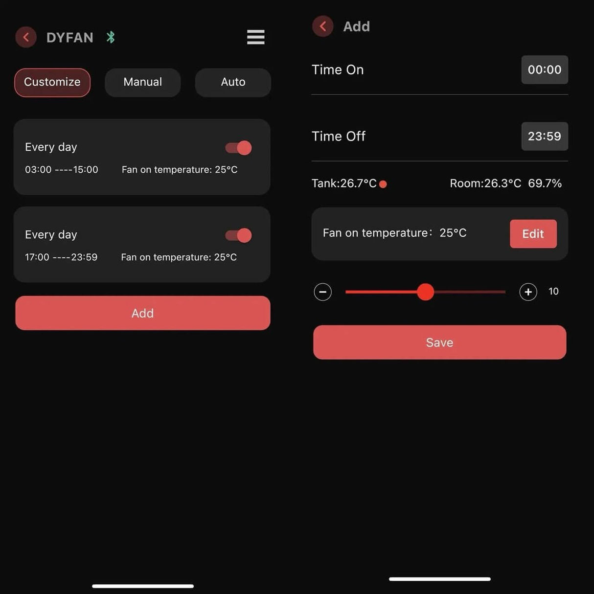 Chihiros Cooling Fan app interface showing customizable fan settings and temperature monitoring features for optimal aquarium care.
