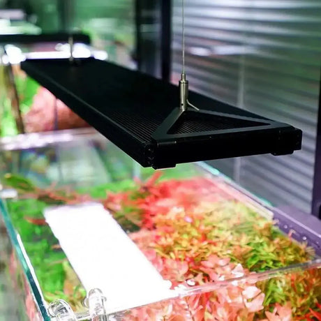 Chihiros Hanging Kit for WRGB II Slim installed above a colorful aquarium with aquatic plants.