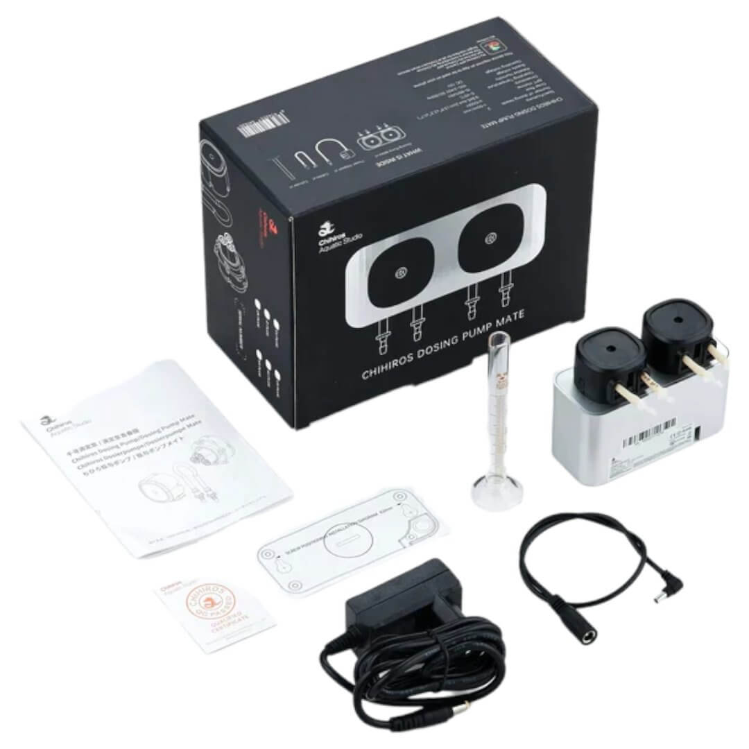 Chihiros Smart Dosing System product image with dosing pump, cables, and manual for aquarium care.