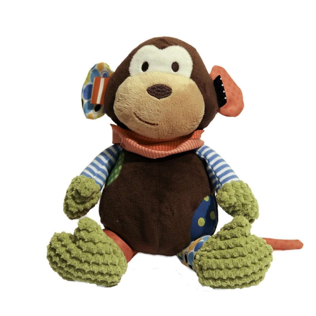 Chubleez Mitchell Monkey plush toy in brown and green, featuring multi-textured materials and a hidden squeaker for interactive play.