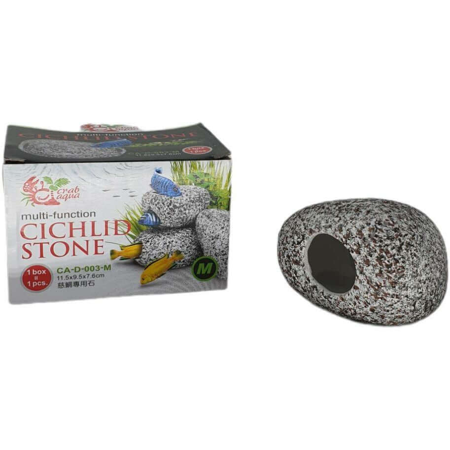 Cichlid Stone Ornament for aquariums, multi-function design with a natural stone look for cichlid fish habitat enhancement.