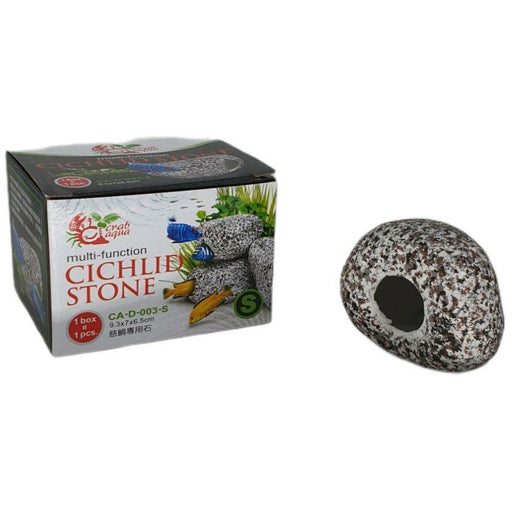 Cichlid Stone Ornament with packaging, designed to enhance aquarium aesthetics and provide cichlid habitats.