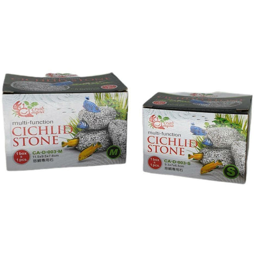 Cichlid Stone Ornament packaging displaying multi-function sizes for aquarium decoration. Perfect for enhancing cichlid habitats.