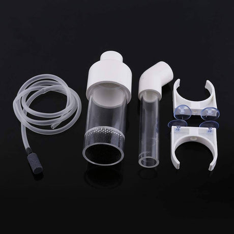 Cichlids egg tumbler incubator components including suction tube, mesh cylinder, and clamp for fish egg hatching.