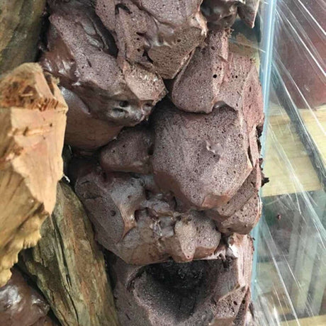 Close-up of Coloer Hardscape PU Foam showing natural color blend with rock and wood surfaces in landscaping.