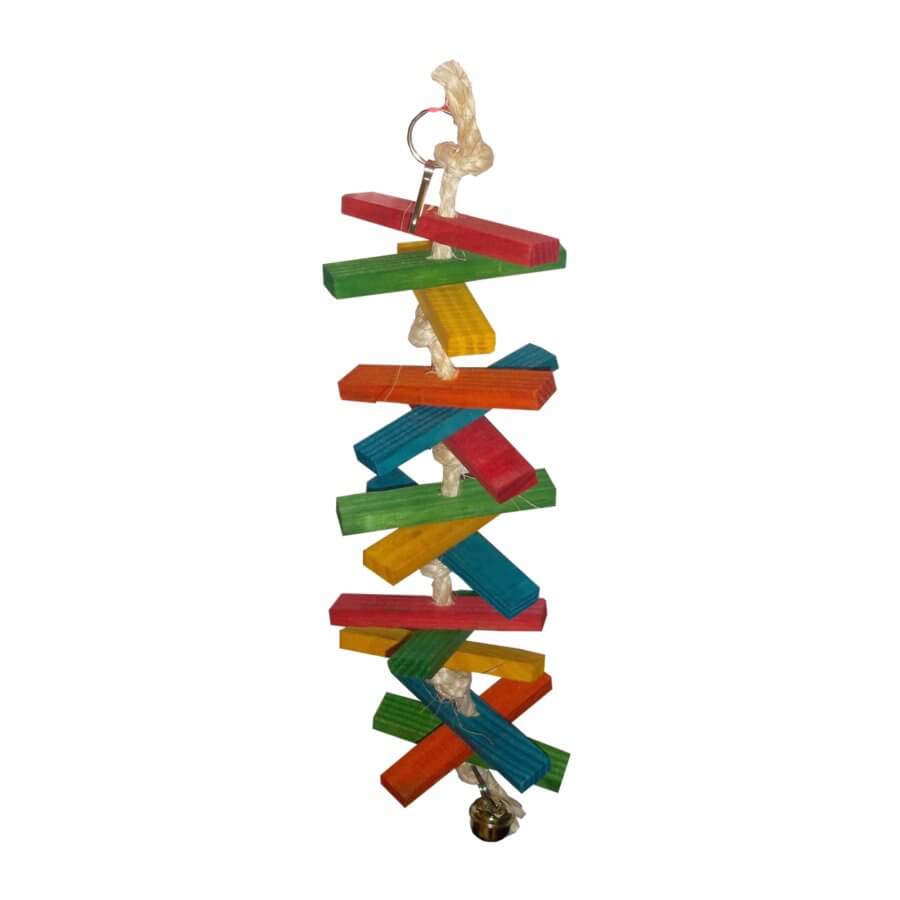 Colorful wooden and rope bird toy for parakeets, promoting play and chewing habits. Ideal for pet entertainment.