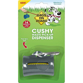 Cushy waste bag pickup dispenser in grey with 14 bags, featuring a metal carabiner for easy attachment to leashes.