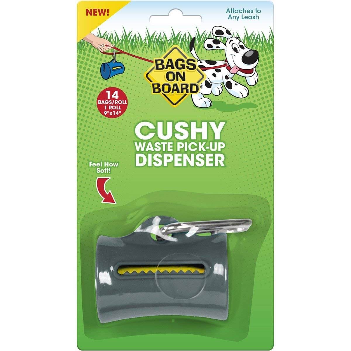 Cushy waste bag pickup dispenser in grey with 14 bags, featuring a metal carabiner for easy attachment to leashes.