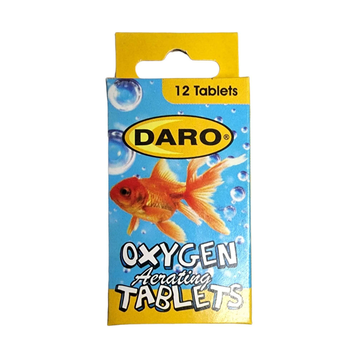 DARO Aquarium Oxygen Tablets packaging with goldfish design, containing 12 aerating tablets for healthy fish care.