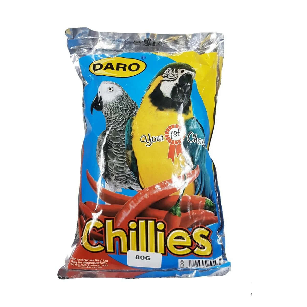 Daro Dried Chillies 80g package for birds featuring colorful parrots and red chillies on the front.