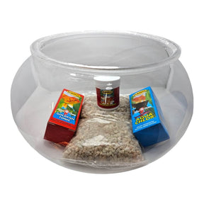 Daro Fishbowl Starter Kit featuring a plastic bowl, mixed gravel, and fish food for goldfish care.