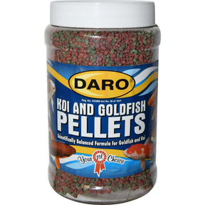 Daro Koi and Goldfish Pellets bottle showcasing floating fish feed for Koi and Goldfish, 500g size, vibrant color formula.