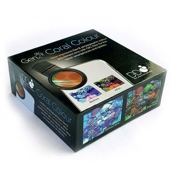 D-D Gen 2 Coral Colour Lens packaging showcasing before and after images of enhanced coral vibrancy.