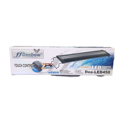 Deebow Touch Control LED Lighting package for aquariums, model Dee-LED450, showcasing energy-efficient design and features.