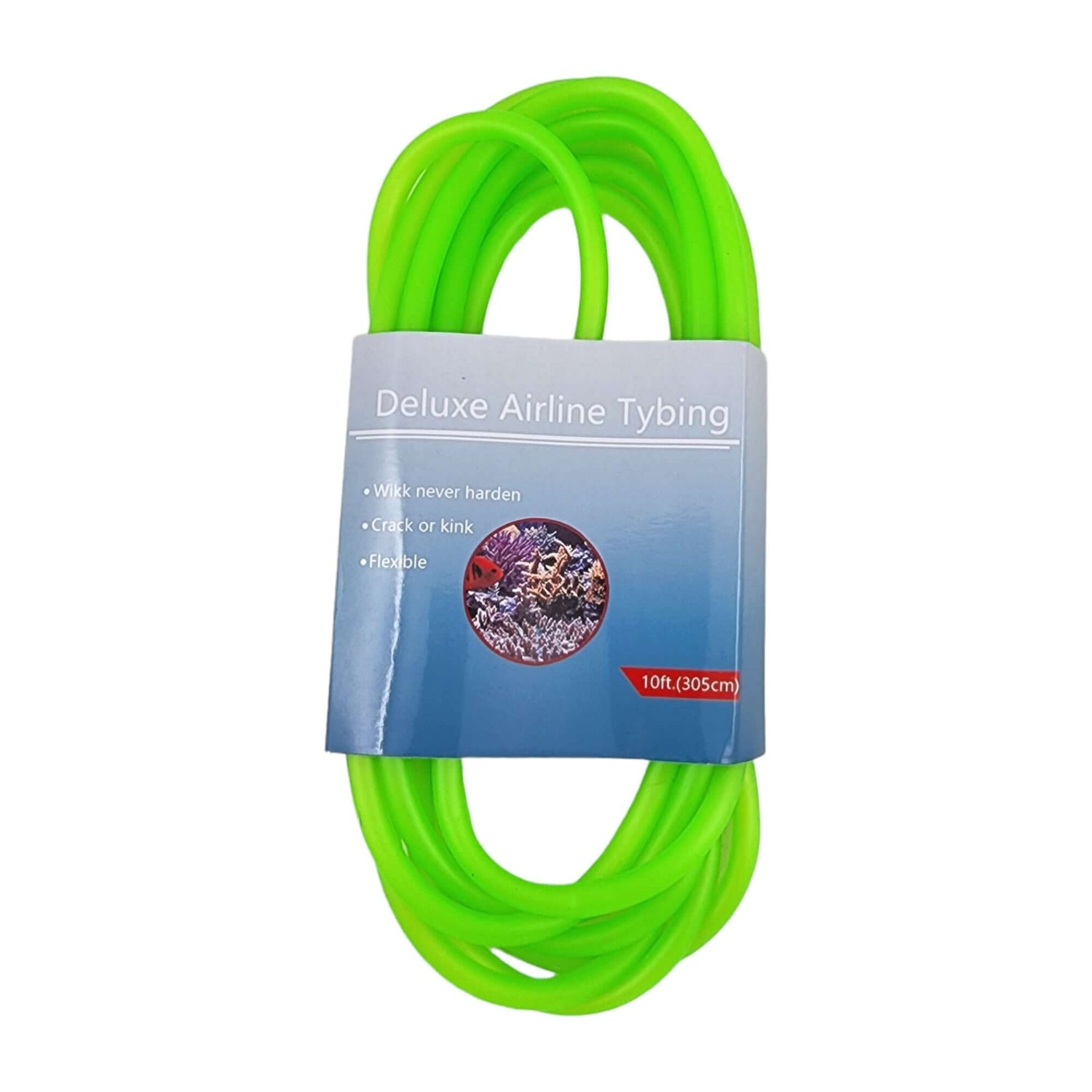 Bright green deluxe airline tubing, flexible and durable, ideal for aquarium use, 10ft length for efficient water flow.