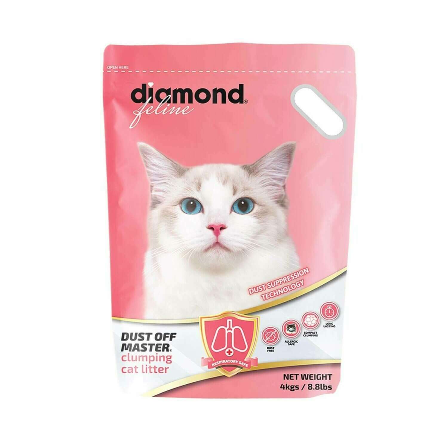 Diamond Feline Dust Off Master Clumping Cat Litter 4kg bag, featuring a cat and dust suppression technology.