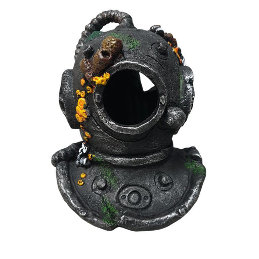 Diver helmet aquarium ornament with detailed craftsmanship, featuring barnacles and green accents for a nautical theme.