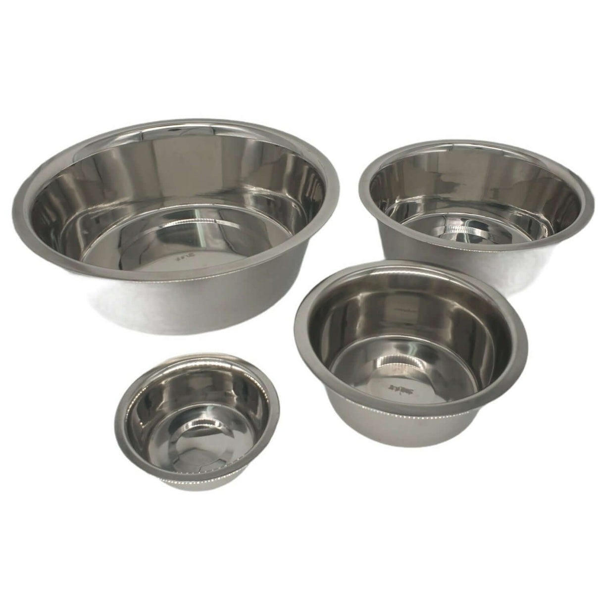 Set of four stainless steel dog bowls in varying sizes, ideal for feeding and watering pets. Durable and easy to clean.