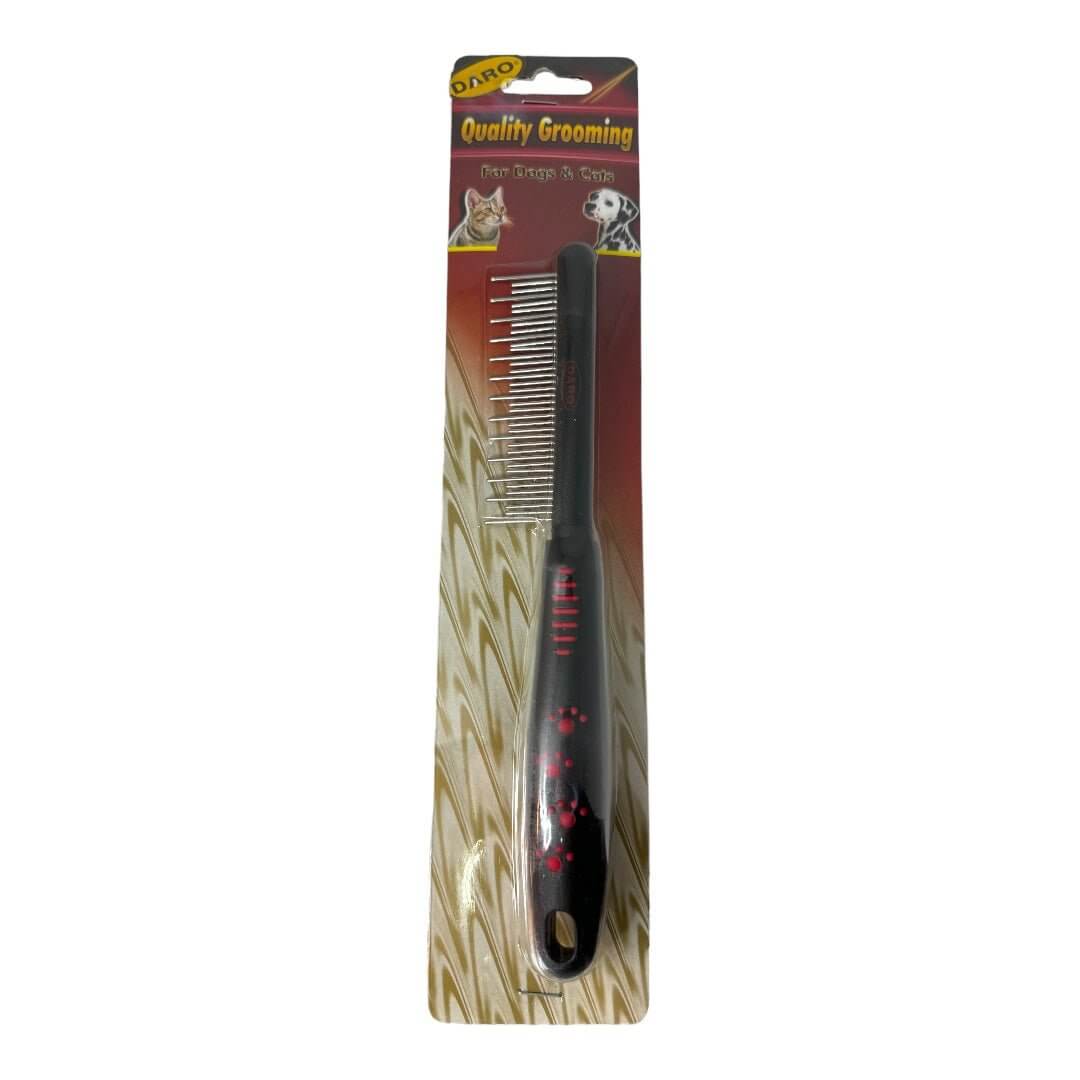 Dog grooming comb on a card, featuring rotating pins for easy detangling and a comfortable grip for pet owners.