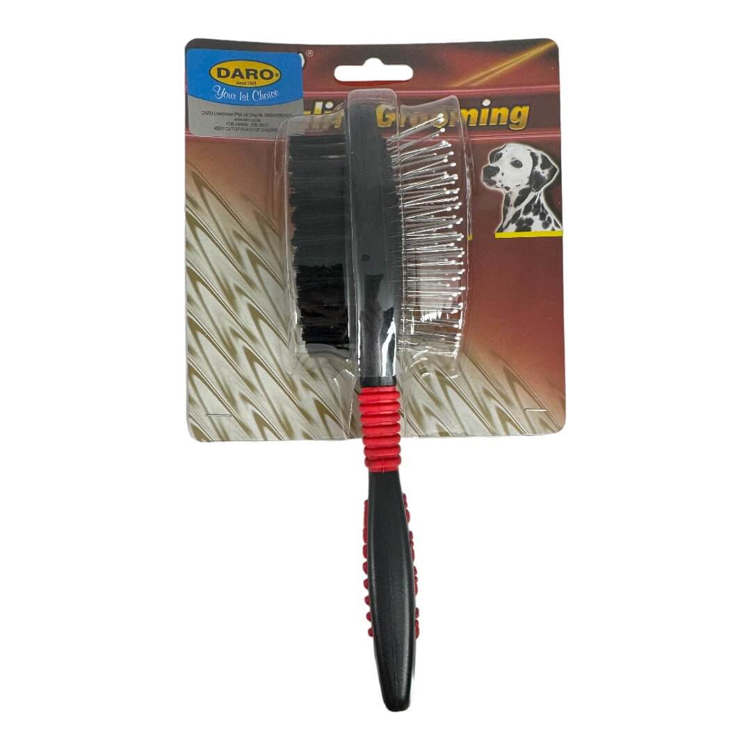 DualCare double-sided dog brush with ball tips, ideal for grooming and detangling dog coats.