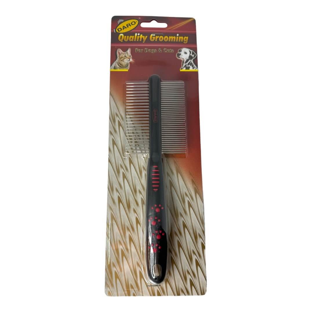 Dog double-sided grooming comb featuring coarse and medium teeth for effective coat care.