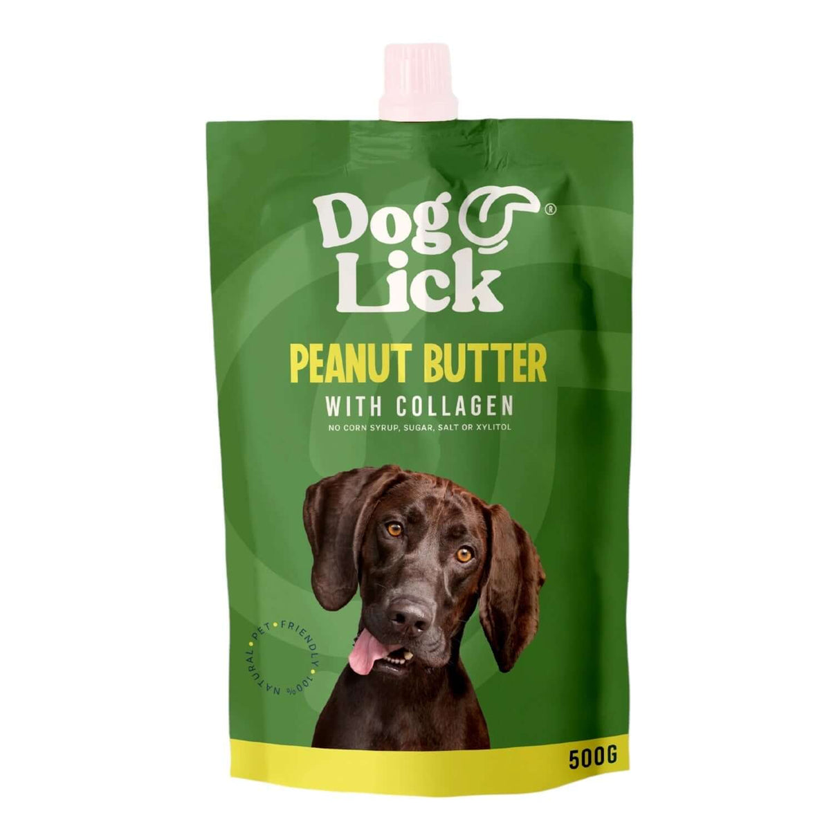 Dog Lick Peanut Butter with Collagen 500g pouch, featuring a happy dog on the packaging, ideal for healthy dog treats.