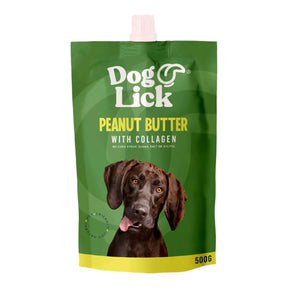 Dog Lick Peanut Butter with Collagen 500g pouch, featuring a happy dog on the packaging, ideal for healthy dog treats.