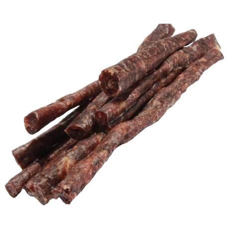 Dog treats made from air-dried beef drywors, 100g, no grains, fillers, or additives, 100% natural single ingredient protein.