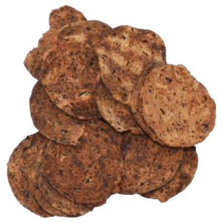 Dog treat ostrich chip rounds stacked, 100% natural meat, air-dried, no grains, fillers, or additives, size 40g.