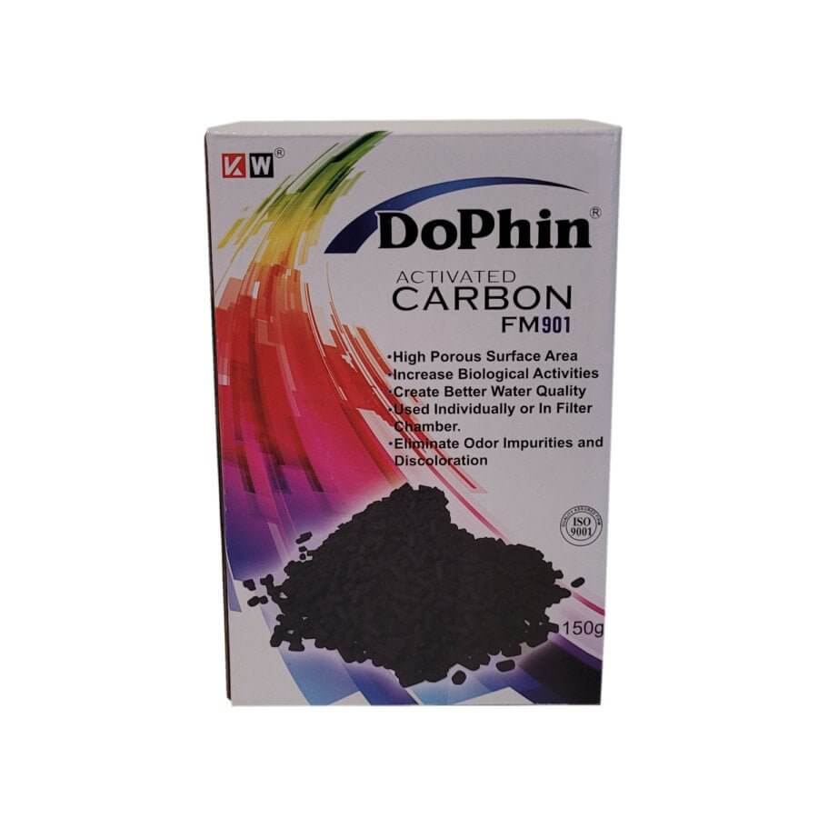 Dophin Activated Carbon 150g box for improved water quality and odor elimination, featuring high porous surface area.