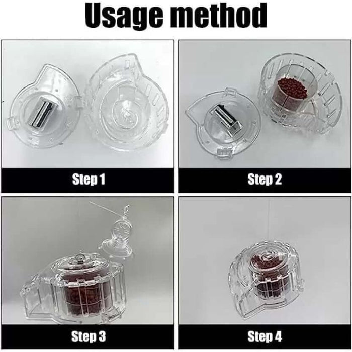 Usage steps for the Dophin Aquarium Snail Catcher, showing assembly and operation process in four clear images.