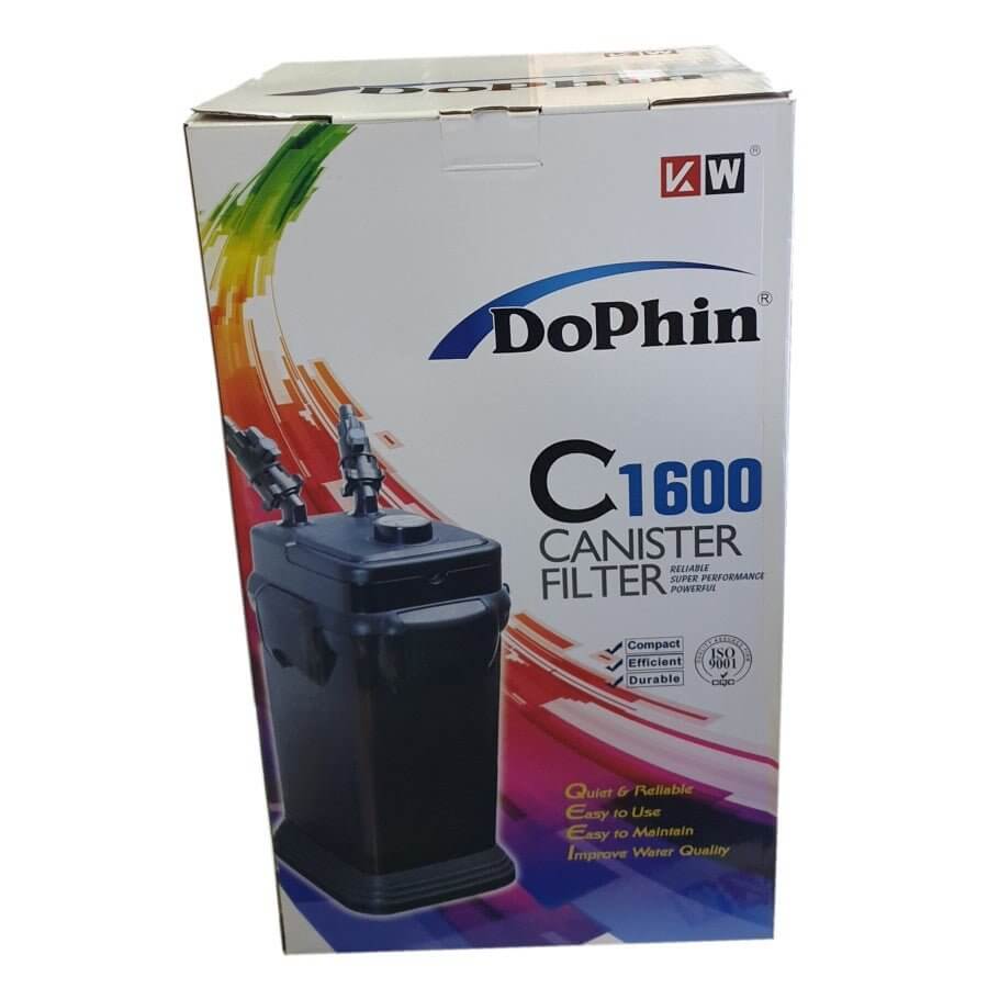 Dophin C1600 Canister Filter packaging showcasing its compact design and setup instructions for efficient water filtration.