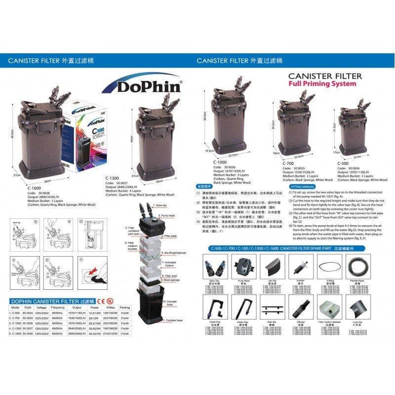 Dophin Canister Filters setup instructions with product details and components diagram for C-1000, C-1600, and C-700 models.