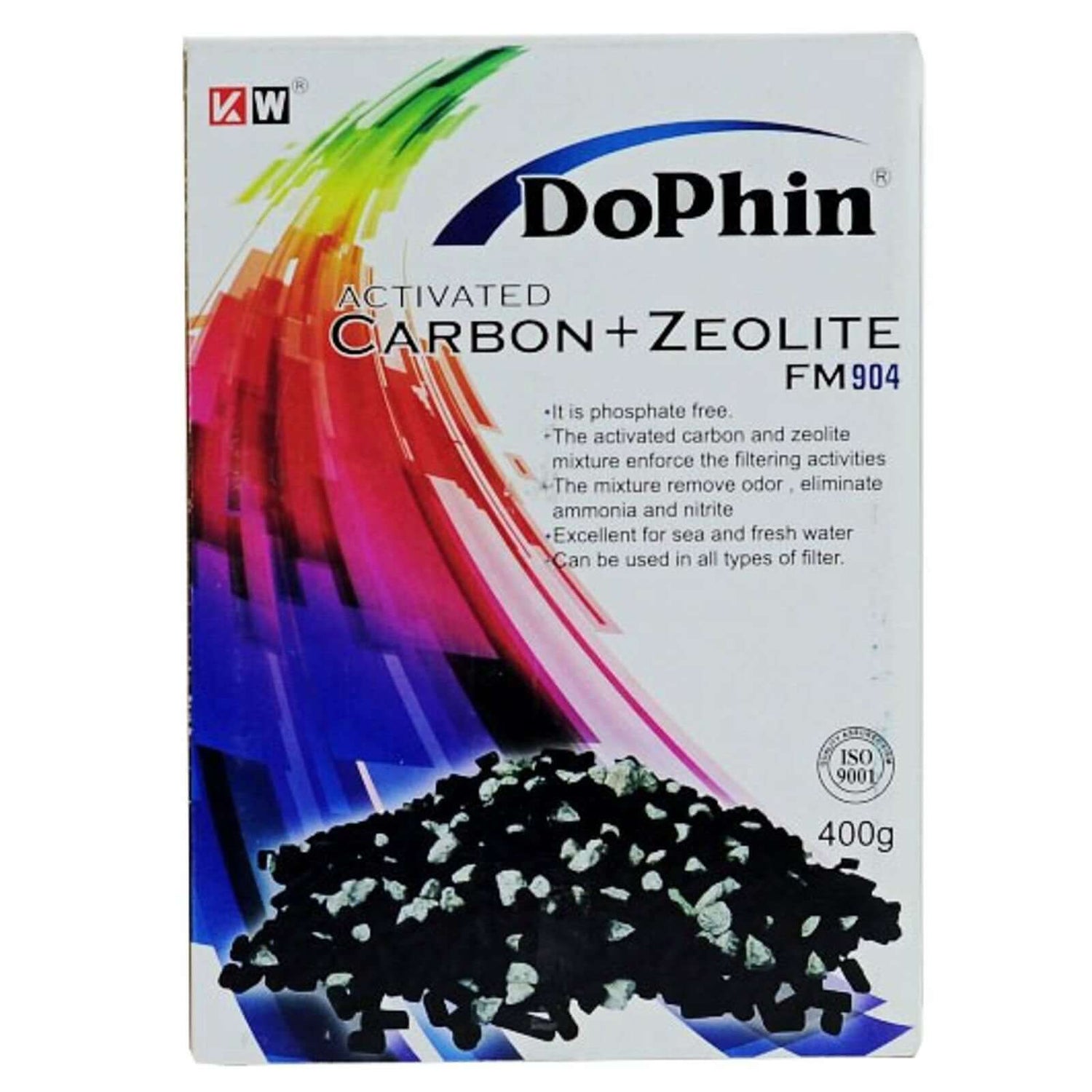Dophin Carbon and Zeolite Ammonia Chips Mix 400g packaging for effective water filtration. Phosphate free, ideal for all filters.