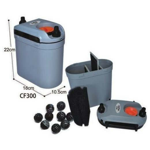 Dophin CF300 Canister Filter components, including detachable sections and filter media, designed for freshwater and marine aquariums.