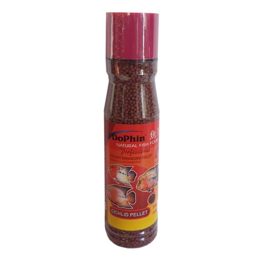 Dophin Color Enhancing Cichlid Pellets bottle, ideal fish food for promoting red pigments in cichlids.