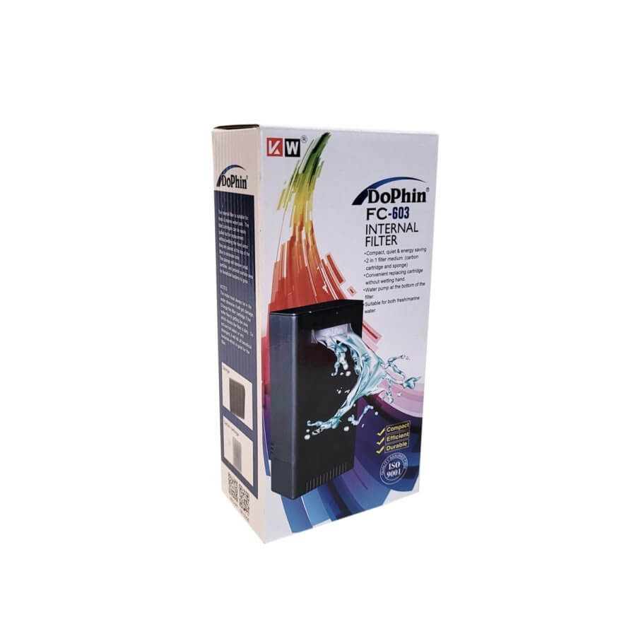 Dophin FC-603 Internal Amphibious Filter packaging with colorful design and product details for aquariums.