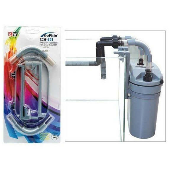 Dophin CS-301 hang-on accessory for CF300 canister filter with tubing and installation example for efficient aquarium use.