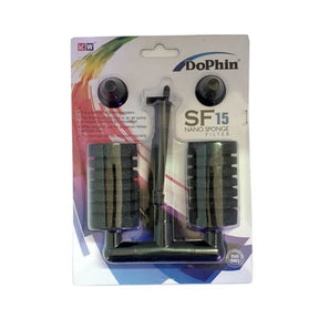 Dophin SF15 Nano Sponge Filter packaging for aquarium biological filtration system with air pump connection.